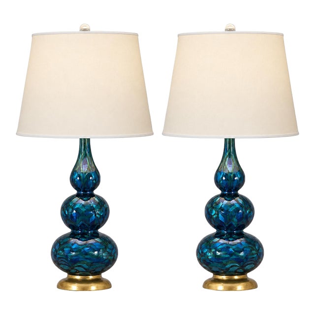 Vintage Blue Glazed Ceramic Table Lamps - A Pair For Sale