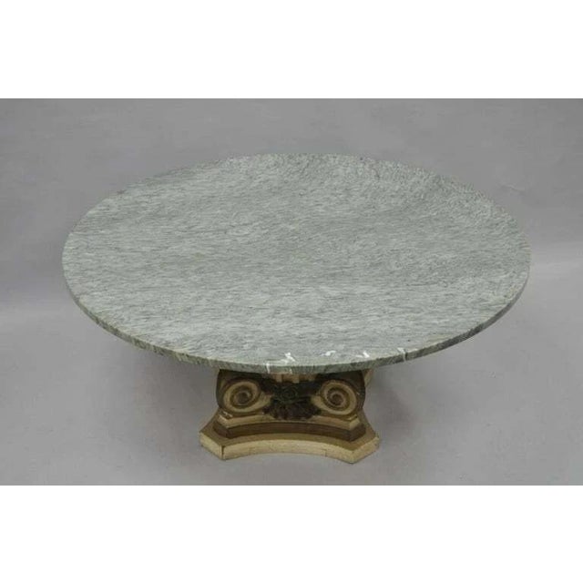 Antique French Empire Style Round Marble Top Corinthian Column Wooden Pedestal Base Coffee Table. Item features a green...