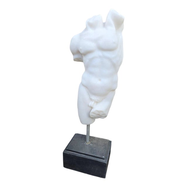Italian Hand-Carved Marble Greek Torso on Black Marble Base, 1980 For Sale