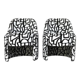 Revelation Abstract Modern Black and White Boucle Barrel Back Cozy Capsule Chairs Pair For Sale