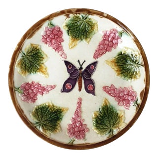1890s Majolica Plate With Butterfly and Fruits For Sale