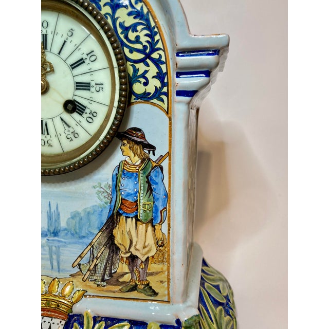 French Provincial Antique Quimper Porquier Beau French Faience Mantel Clock Bretons & Odet River For Sale - Image 3 of 18