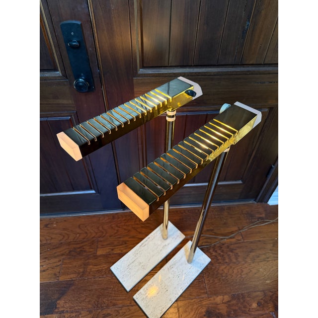 Mid-Century Modern Vintage Postmodern Lucite and Brass Floor Lamps - Pair For Sale - Image 3 of 12