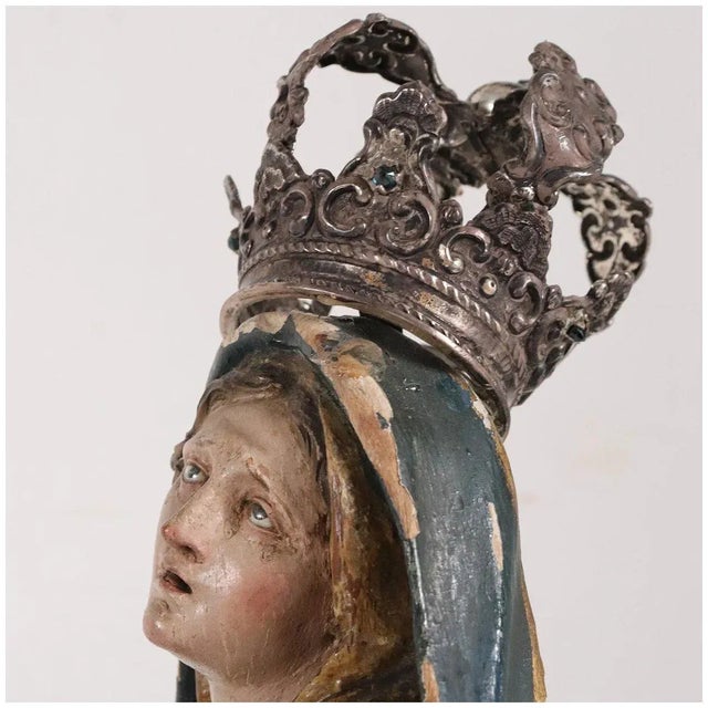 French Painted Wood, Silver and Sapphire Crowned Madonna Figure For Sale In Denver - Image 6 of 12