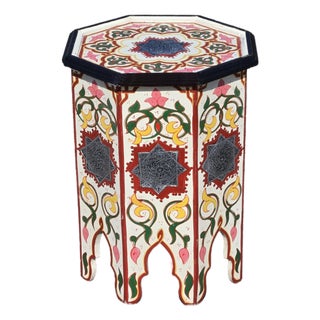 Beige - Multicolor Moroccan Hand-Painted Floral Accent Table For Sale