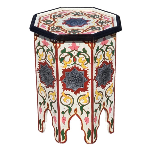 Beige - Multicolor Moroccan Hand-Painted Floral Accent Table For Sale