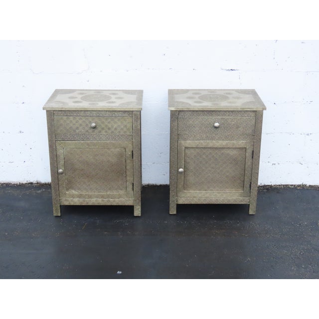Contemporary Embossed Metal Overlay End Tables Nightstands a Pair 6674 For Sale - Image 3 of 18