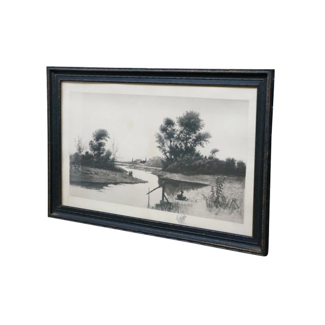 Victorian Antique John Octavius Anderson Signed Riverscape With Dock Etching 28" For Sale - Image 3 of 12