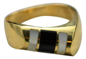 The Sarga: Contemporary Mother of Pearl Ring and Onyx Inlay Ring in 14K Gold