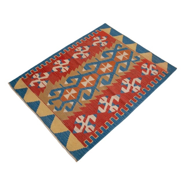 1990s Flat Weave Kilim Rug, Vintage Oushak Rug Village Wool, Red Gold Blue Geometric, 3x4 Ft Approx For Sale - Image 5 of 16