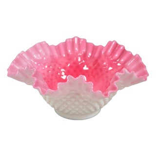 Vintage Pink & White Hobnail Cased Glass Candy Dish Ruffled Bowl Brides Basket For Sale