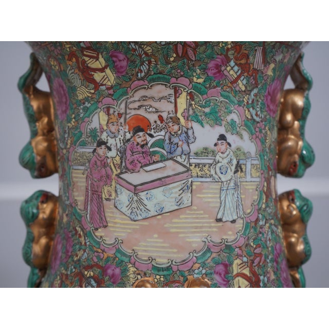 1950s Large Chinese Porcelain Rose Medallion Floor Vase on Stand For Sale - Image 5 of 13