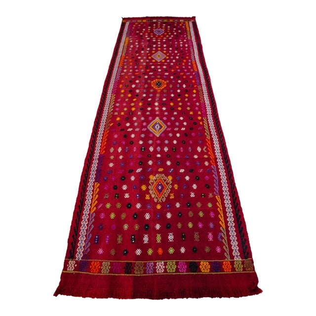 Vintage Turkish Runner Rug Handmade Embroidered Wool Kilim Rug Hallway Runner Rug Kitchen Decor - 3′2″ × 11′4″ For Sale