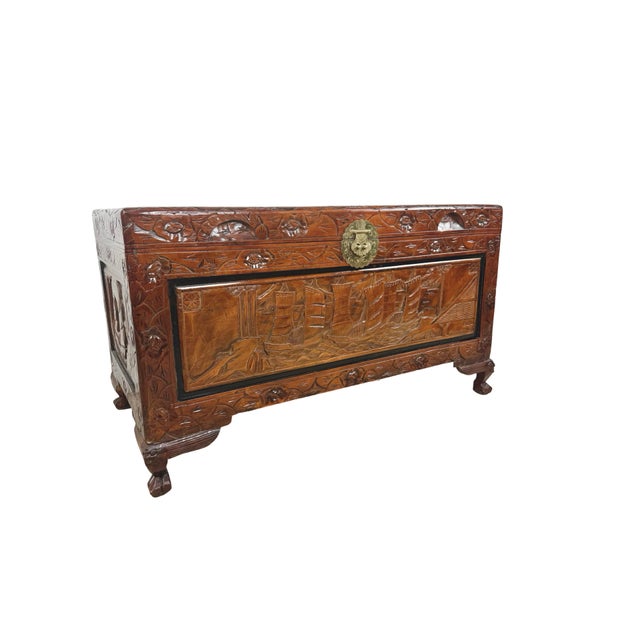 Vintage Asian Carved Wood Storage Chest With Figural Relief Panels For Sale - Image 17 of 18
