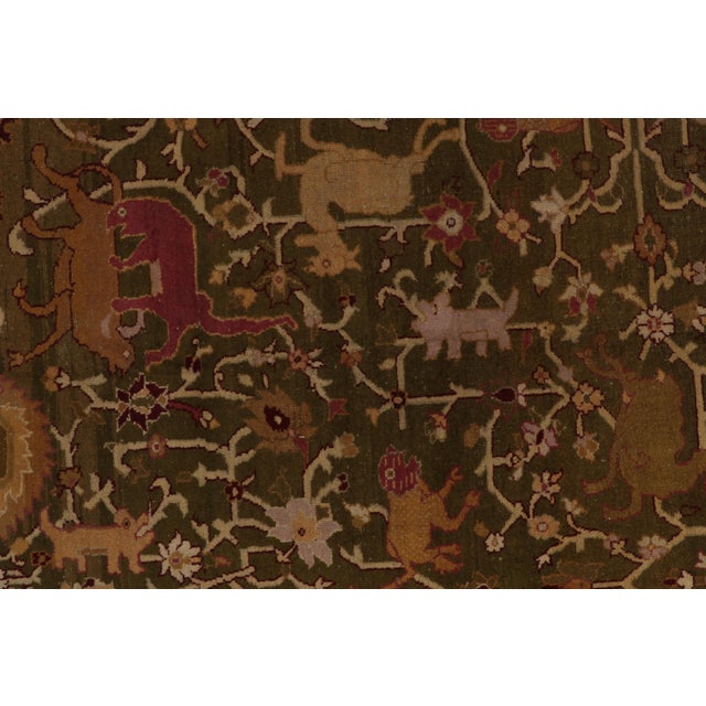 Late 19th Century Antique Amritsar Rug in Greenish-Brown, Pink & Gold Medallion With Pictorials For Sale - Image 5 of 8