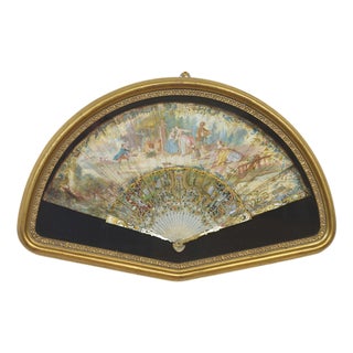 Framed European Brisé Fan with Rococo Pastoral Scene For Sale