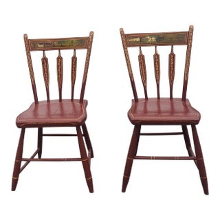 Pair of 19th Century S. Nolan Hand-Painted and Decorated Plank Seat Side Chairs For Sale