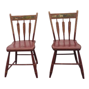 Pair of 19th Century S. Nolan Hand-Painted and Decorated Plank Seat Side Chairs