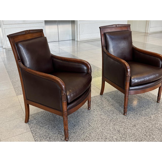 French French Empire Armchairs in Brown Vegan Leather & Silk Velvet - A Pair For Sale - Image 3 of 18