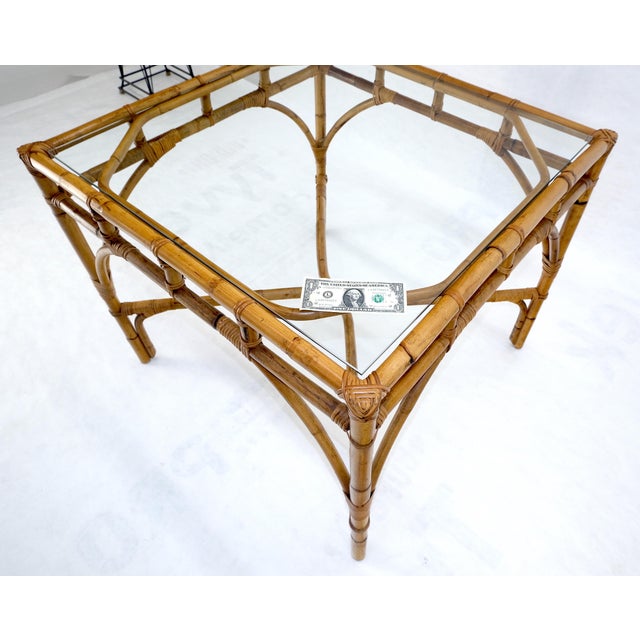 Glass Top 34" Square Mid Century Modern Burnt Bamboo Game Dinette Table MINT For Sale - Image 14 of 17