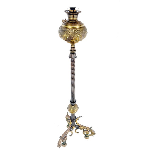Victorian 19h Century Cast Polished Brass Tripod Base Adjustable Height Oil Flor Lamp MINT For Sale - Image 3 of 17