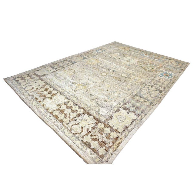 Turkish 21st Century Turkish Oushak Wool 9x13 Charcoal, Tan & Blue Handmade Area Rug #1144139 For Sale - Image 3 of 16
