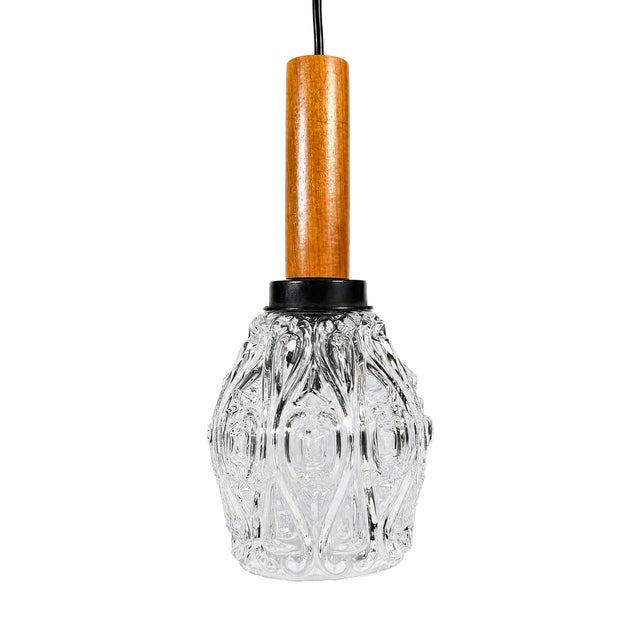 Mid-Century Space Age Ceiling Lamp Pendant Lamp in Teak and Glass, 1960s For Sale