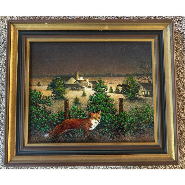 Vintage original oil painting on wood panel of a fox in landscape with barn in background. Painting features intense color...