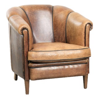 Vintage English-Style Club Chair in Sheepskin Leather For Sale