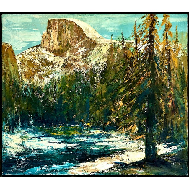 This stunning Mid-Century work is an original oil landscape titled "Half Dome" by the listed Belgian-American artist...
