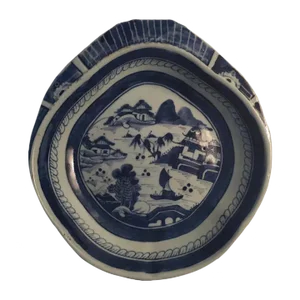 Early 19th Century Chinese Export Porcelain Blue & White Canton Shell Shape Shrimp Dish