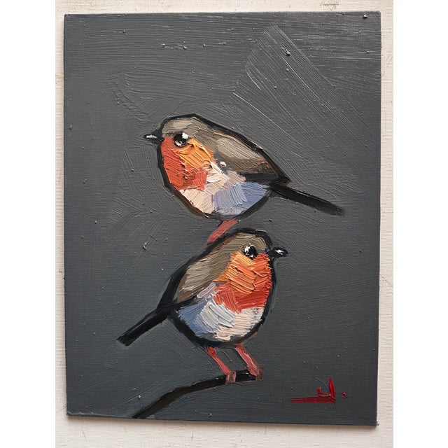 An impressionist oil painting of two red robins, by UK based artist Vivek Mandalia. Frame and hang in your home. 30 x 24...