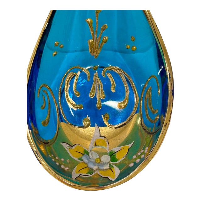 Mid-Century Venetian Art Glass Teardrop Blue Tre Fuochi Handpainted Dish Italy For Sale