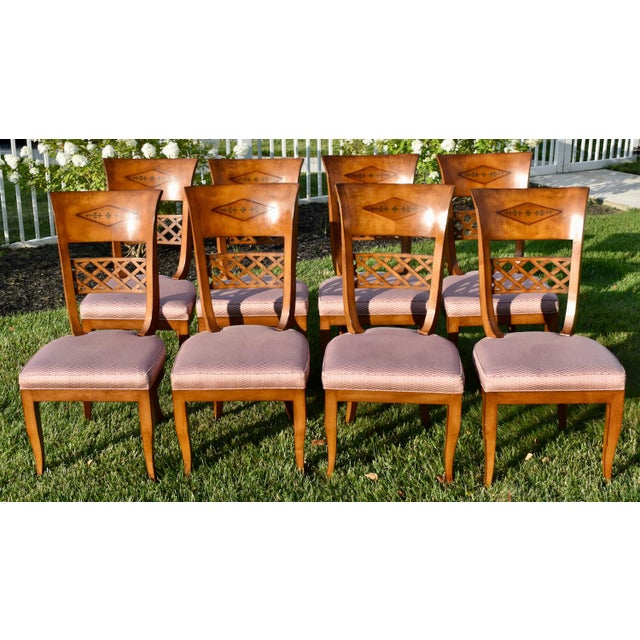 Wood Vintage Brass Inlay Chairs Vintage Italian Regency Style Dining Chairs Set of 8 For Sale - Image 7 of 18