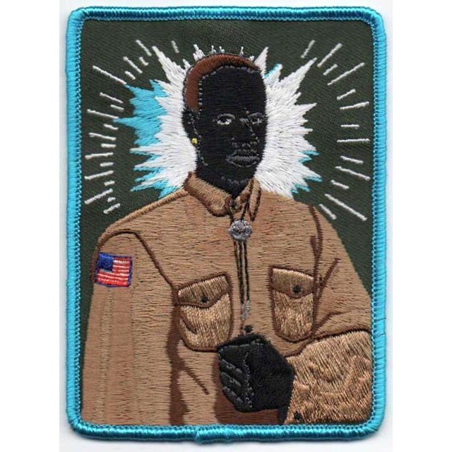 Scout Master, 2017 Embroidered Patch with rayon thread on poly twill backing 4 × 3 in 10.2 × 7.6 cm Kerry James Marshall,...