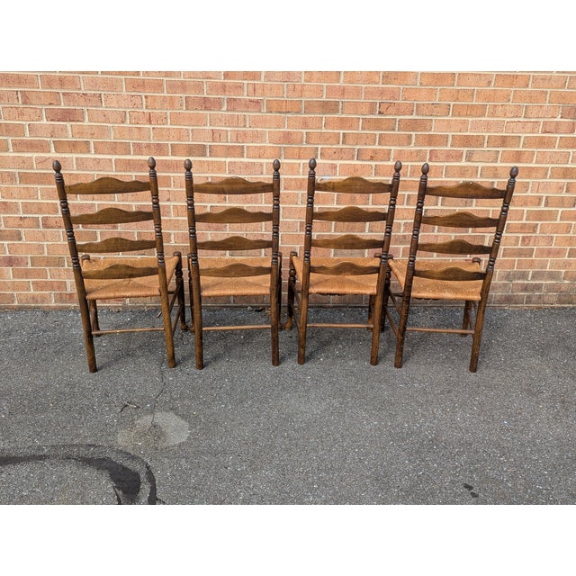 Mid 20th Century Vintage Set of Four Colonial-Style Ladderback Dining Chairs With Rush Seats | Farmhouse, Shaker, French Country Style For Sale - Image 5 of 6