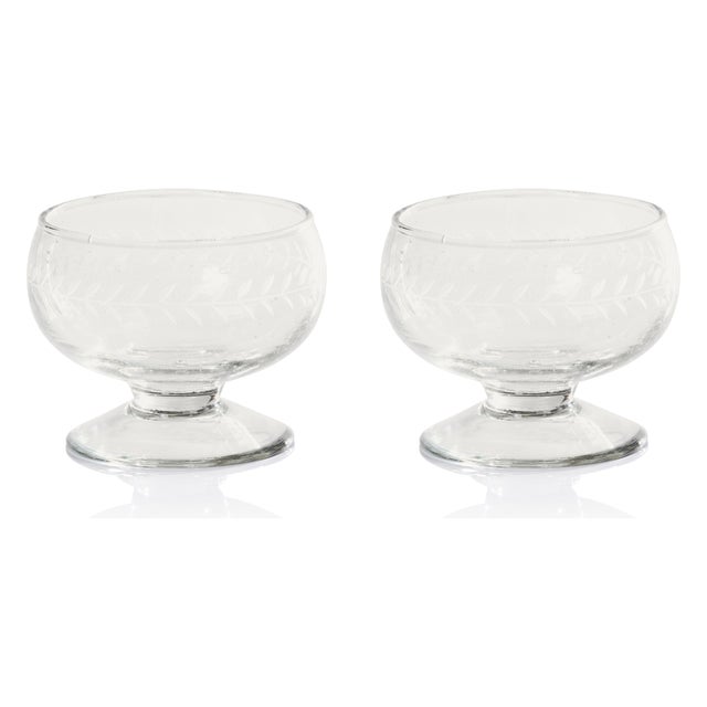 Tuscan 2-Piece Set Handmade Etched Condiment Glass Footed Bowls, Small For Sale In Los Angeles - Image 6 of 6