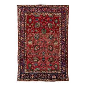 Red Vintage Floral Designed Persian Tabriz Wool Rug