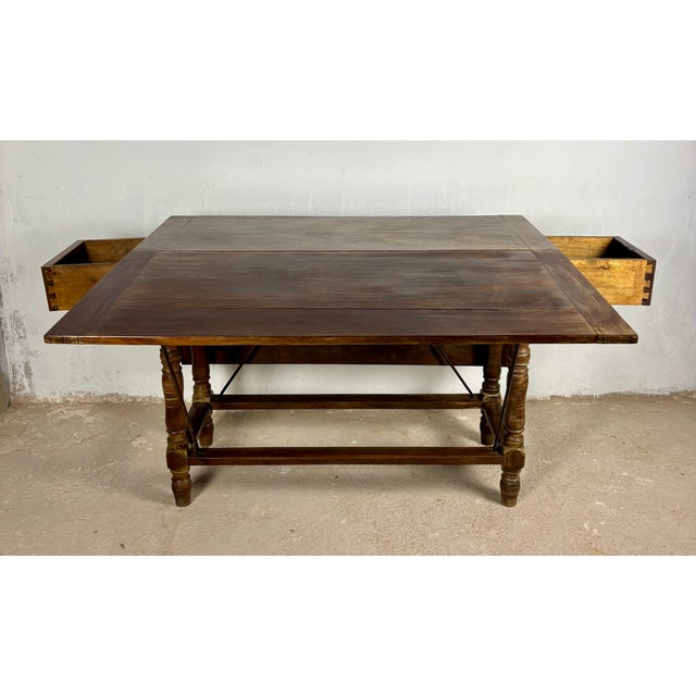 Rustic 20th Century Spanish Wooden Drop-Leaf Dining Table, 1910 For Sale - Image 3 of 14