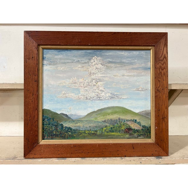 Vintage impressionist, primitive, farm landscape oil painting on canvas board. In original wood frame. Signed to the lower...