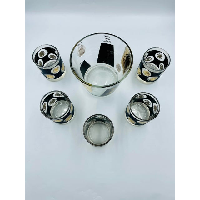 Black Vintage Bob Wallack for Cera Gold Leaf & Black Coin Motif Barware Set: Ice Bucket & 5 Lowballs For Sale - Image 8 of 13