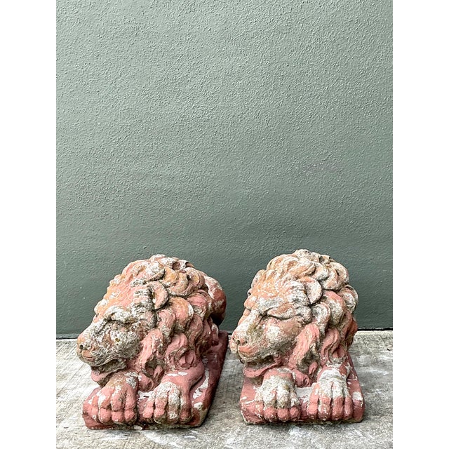 Vintage Cast Cement Garden Lion Figures - Pair For Sale - Image 4 of 12