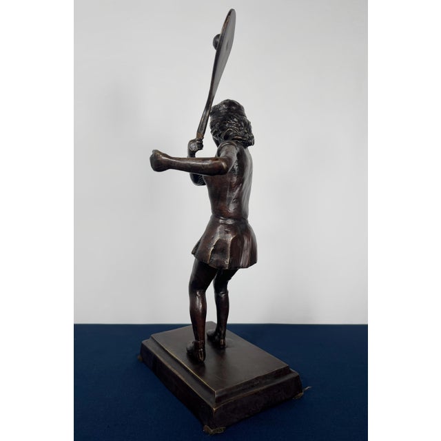 Mid 20th Century Mid Century Modern Solid Cast Brass Tennis Player Statue – Antiqued Patinated Brass Female Athlete Sculpture - Unsigned For Sale - Image 10 of 10