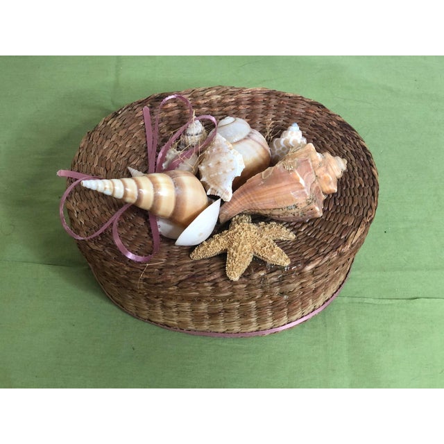 Vintage Woven Wicker Box & Shell Lid For Sale - Image 4 of 8
