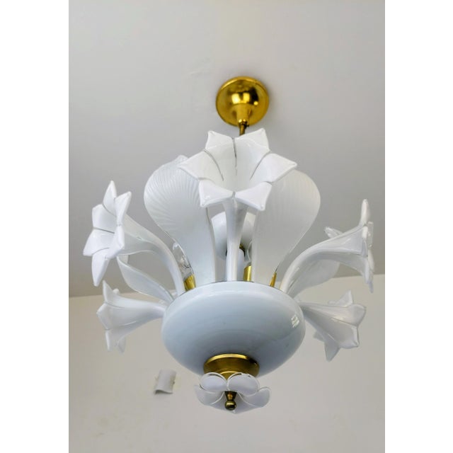 Vintage Italian White Murano Styled Calla Lilly Chandelier Brass Lighting 1970s For Sale - Image 15 of 17