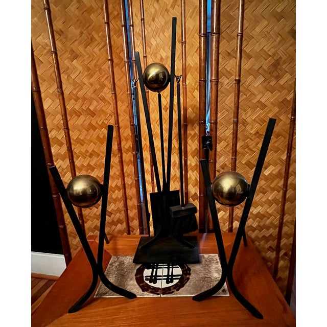 Mid-Century Modern Donald Deskey MCM Fireplace Tools Iron Andirons and Fireplace Tool Set- 6 Pieces For Sale - Image 3 of 10