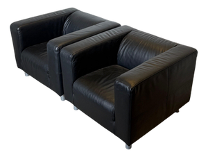 Club Chairs in Black Leather, Set of 2