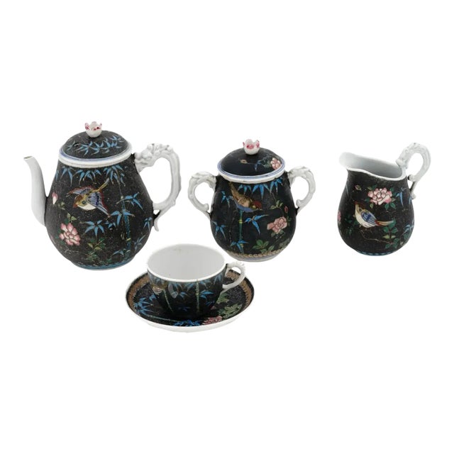 Late 19th Century Antique Japanese Cloisonne Enamel Porcelain Tea Set- 5 Pieces For Sale