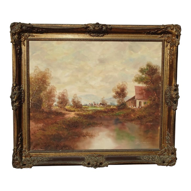 1950s Countryside Landscape Oil Painting Signed Messmer, Framed For Sale