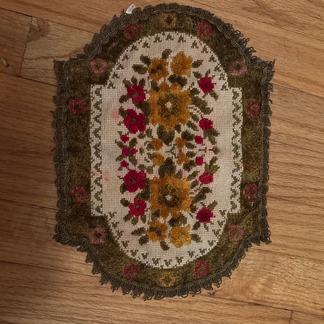 Vintage Belgian Small Chenille & Needle Point Tapestry, Placement Mat & Doily, Textile For Sale - Image 11 of 11